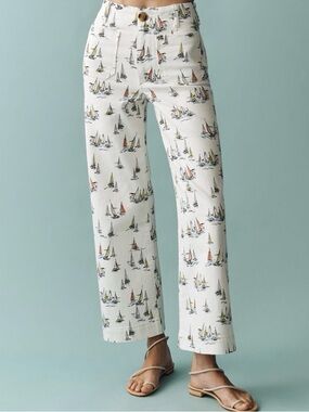 NWT ANTHROPOLOGIE Maeve Full-Length Colette Ivory Sailboat Denim Pants SZ 28
